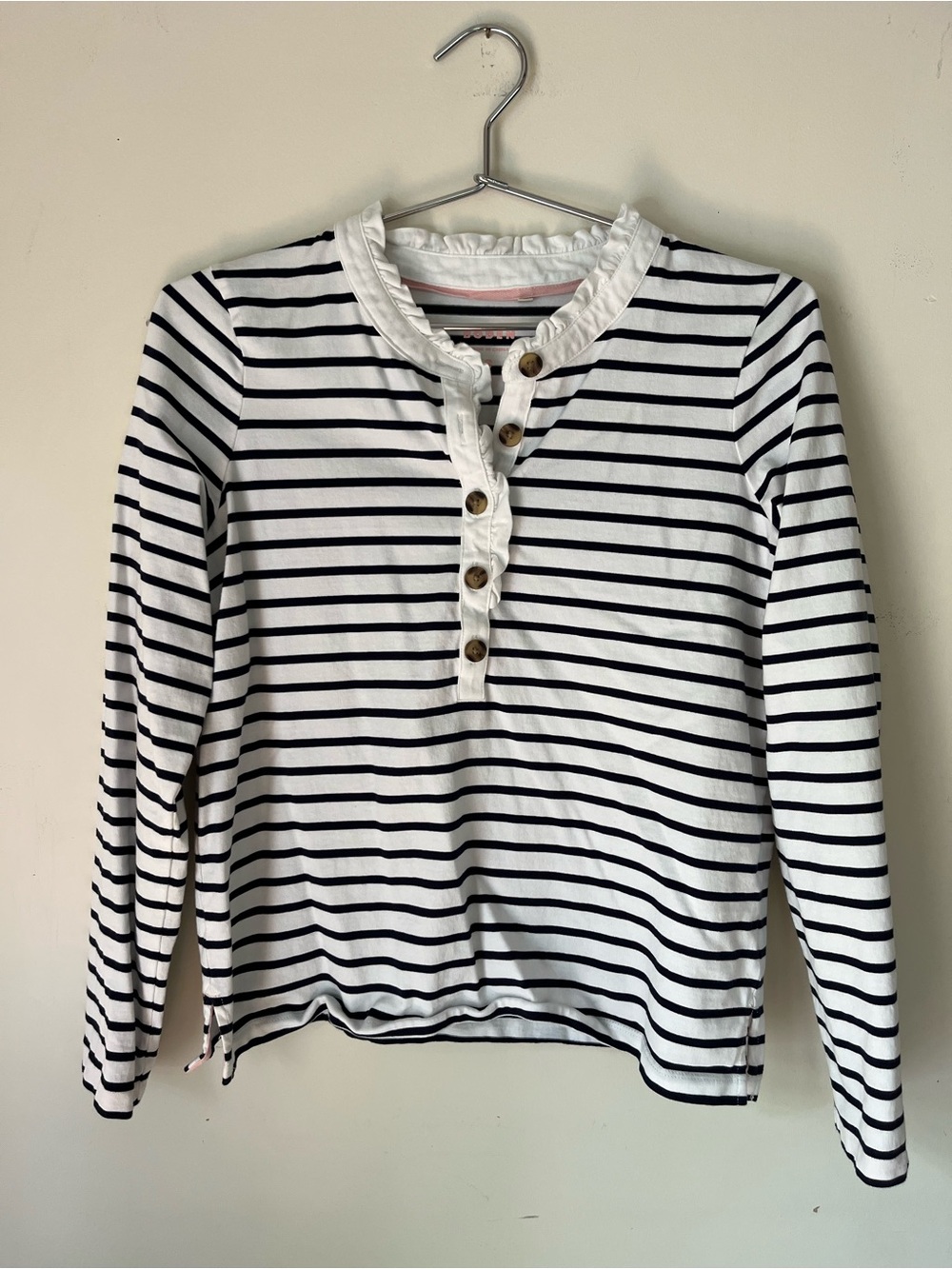 Boden Mariner Navy and White Stripe Shirt with Ruffle Collar